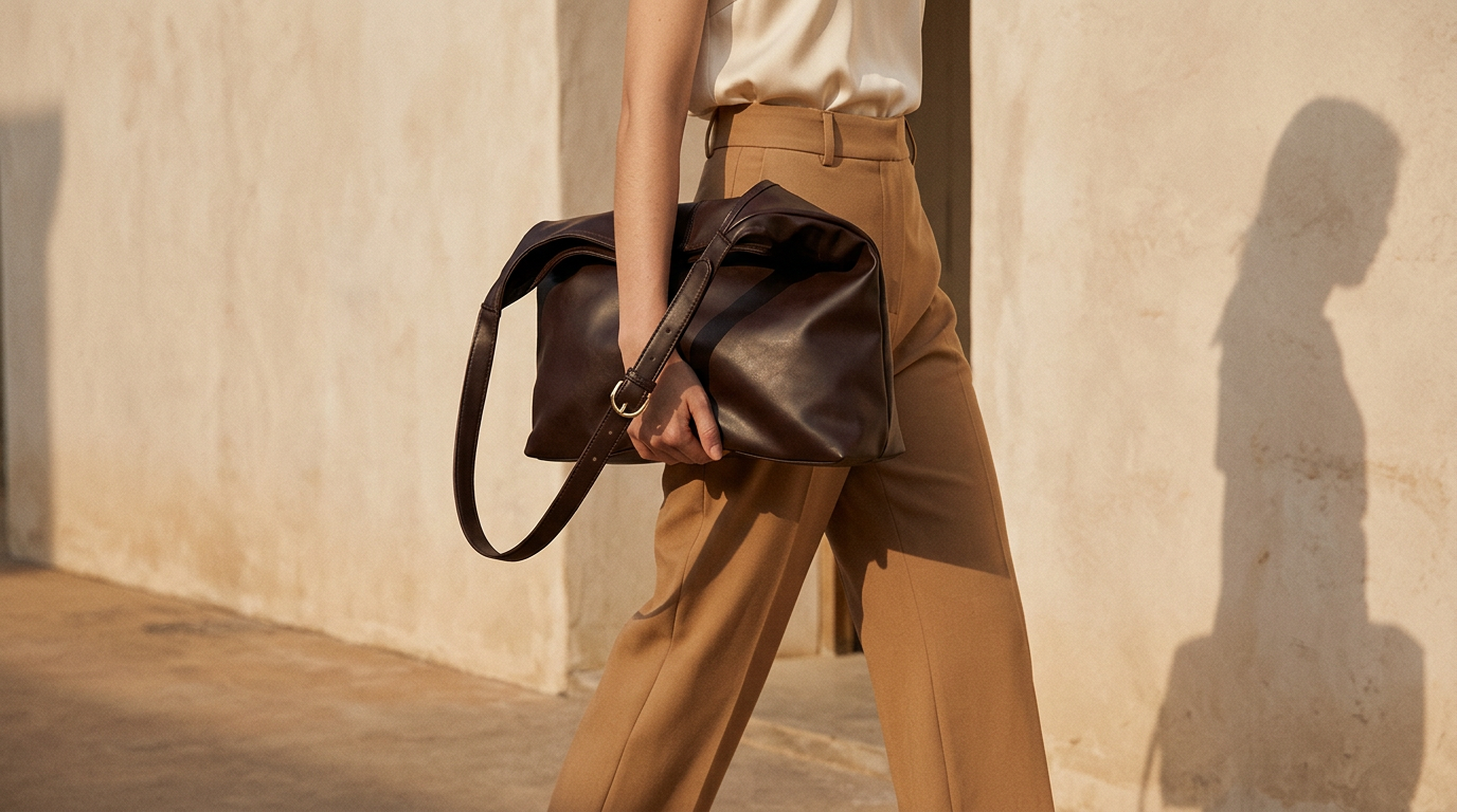 Woman walking in camel trousers carrying the brown slouch tote under her arm