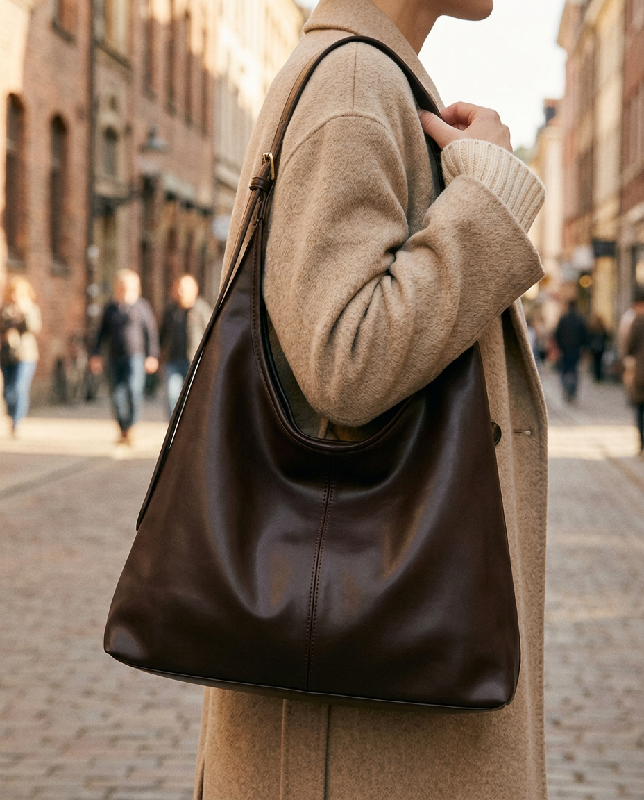 Woman in an oversized beige coat carrying the brown slouch tote on her shoulder