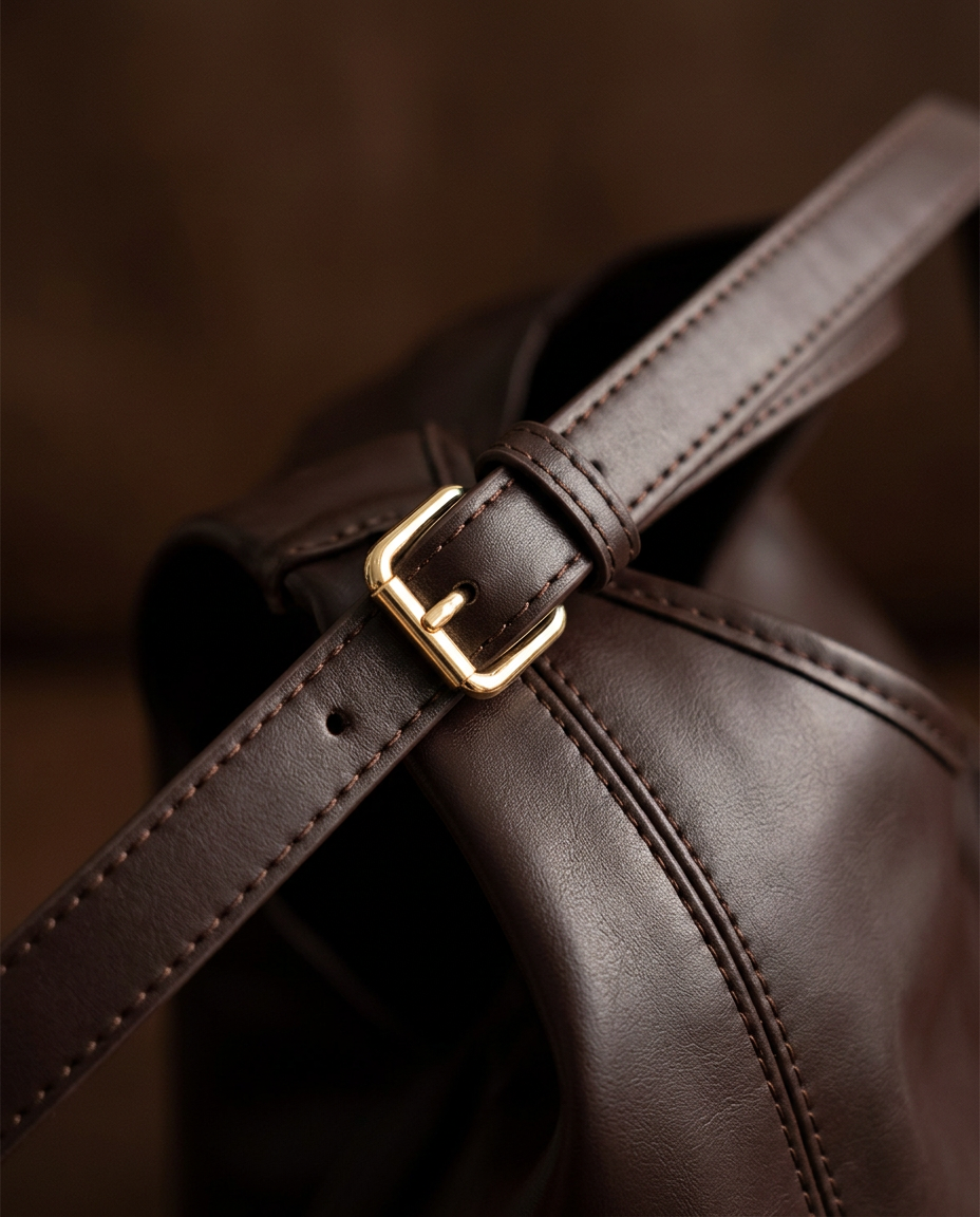 Close-up of the tote's coffee-brown PU leather grain and stitching
